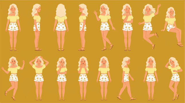 Female character design sheet with various poses and expressions