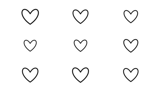 Minimalist heart pattern animation, pulsing black line hearts on white background, romantic love symbol motion