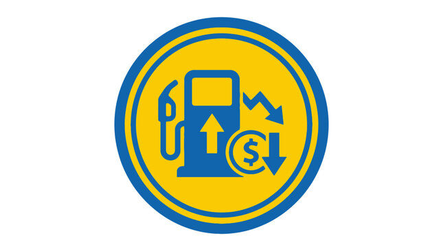 Gas station fuel pump icon with dollar coin and downward arrow indicating lower oil prices. EPS Editable. Vector Illustrations.