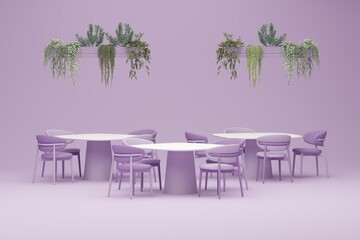 Obraz premium Minimal Coffee shop restaurant design green, purple, pastel background . Wall back counter pastel decor. 3d render