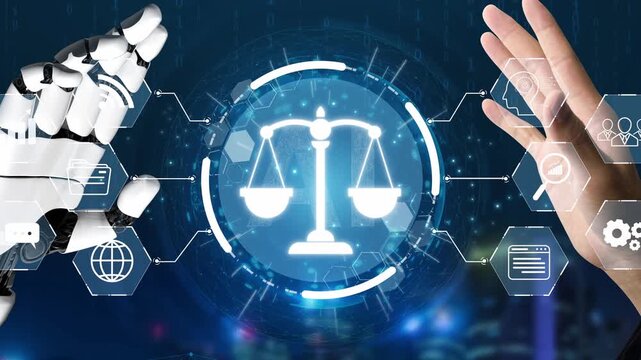 Futuristic digital law interface displaying justice scale, highlighting digital law, AI compliance, digital law systems, and digital law regulations for secure governance. Muxer