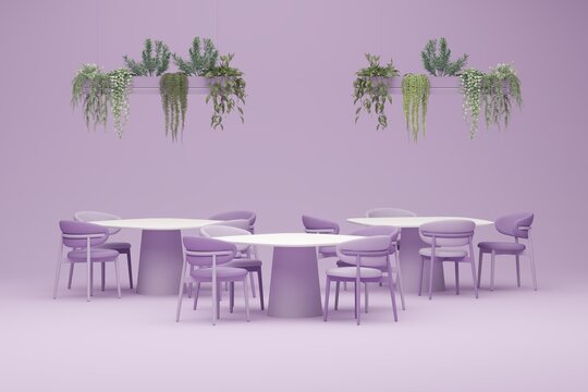 Minimal Coffee shop restaurant design green, purple, pastel background . Wall back counter pastel decor. 3d render