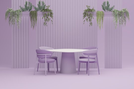 Minimal Coffee shop restaurant design green, purple, pastel background . Wall back counter pastel decor. 3d render