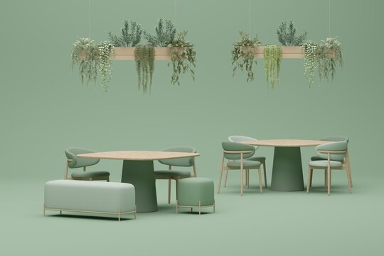 Minimal Coffee shop restaurant design green, purple, pastel background . Wall back counter pastel decor. 3d render