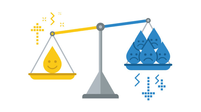 Conceptual illustration of balance scale comparing one happy yellow drop against multiple sad blue drops. EPS Editable. Vector Illustrations.