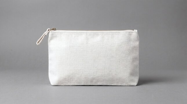 White canvas pouch with zipper on gray background