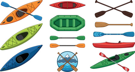 Kayak and Canoe Vector Icon Set Featuring Isolated Rowing Boats, Inflatable Rafts, Oars, Paddles, and Outdoor Adventure Mountain Badges for Water Sports Graphic Designs © Siddika