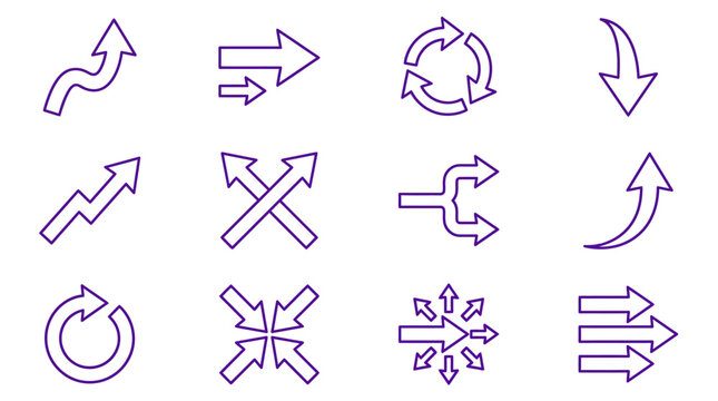 Minimalist navigation and directional purple arrow icons.