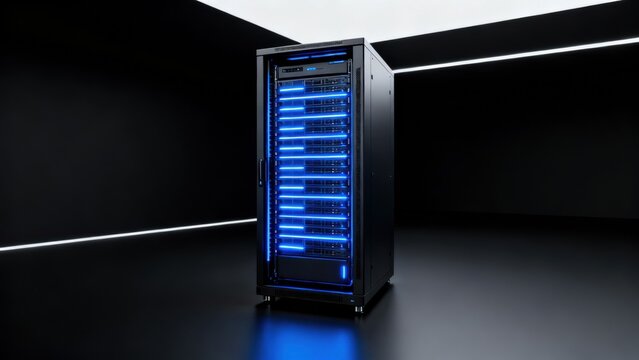 Server rack with blue lights in dark room