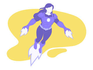 Fototapeta premium A female superhero flying with booster effects on her feet and hands. Super human illustrations. Flat vector concepts.