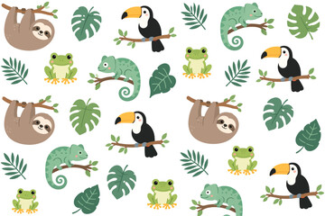 Obraz premium Cute Tropical Jungle Animals Seamless Pattern with Sloth, Toucan, Chameleon, Frog and Tropical Leaves Flat Cartoon Vector
