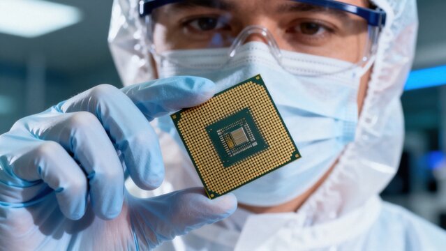Scientist holding microchip in cleanroom