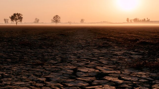 A view across scorched crumbling farmland where a shimmering mirage evokes feelings of warmth and comfort