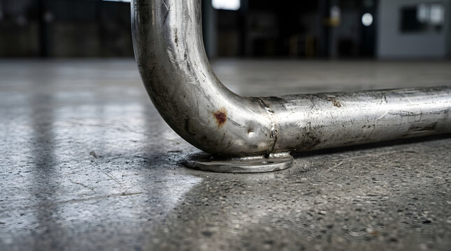 Close up of a weathered metal pipe secured to a concrete floor with a flange