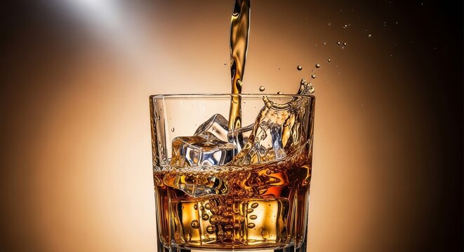 Rich golden whiskey cascading into a heavy crystal glass filled with clear square ice cubes, creating small splashes and tiny bubbles, background, macro, wooden