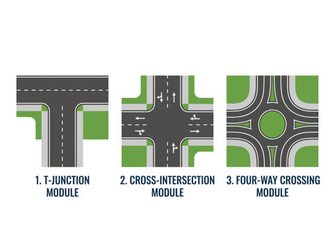 Modular road system elements illustrated: T-junction, cross-intersection, and roundabout designs for city infrastructure development.