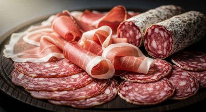 Slices of aged prosciutto and rustic salami displayed on a dark wooden platter under gentle soft light, highlighting textures and colors, prosciutto, lunch, snack