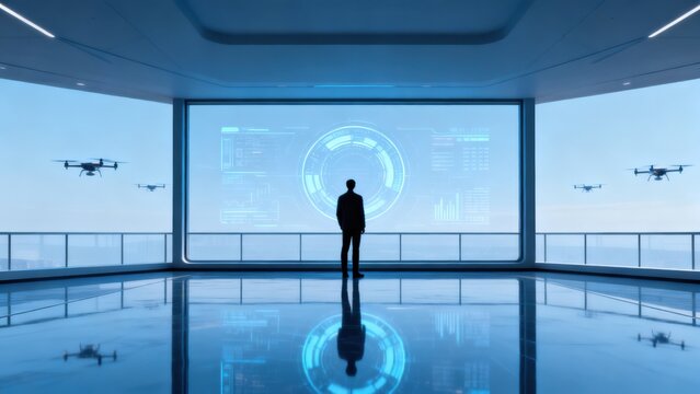 Person observing drones in futuristic room
