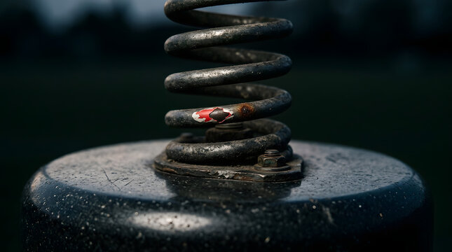 Close up of a weathered metal spring with chipped paint and rust on a dark background