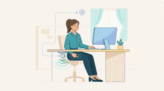 The illustration shows a woman at a desk with a computer, preparing to activate a panic button for workplace safety during work hours.