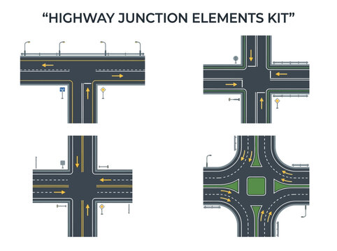 Vector illustration kit for road junction elements, displaying top-down views of various intersections, T-junctions, and roundabouts.