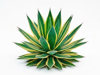 Fototapeta premium A vibrant Agave plant with striking green and yellow variegated leaves, showcased in its full, symmetrical glory against a clean backdrop