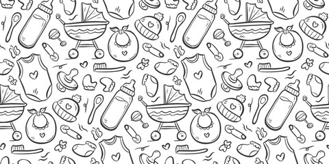 Baby items doodle background. Infant care equipment pattern background. Toddler fashion seamless pattern. Newborn objects hand drawn pattern with stroller, pacifier, rattle, bottle, bib, milk, hat.