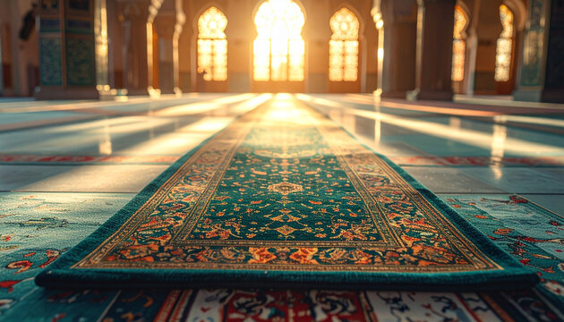Prayer rug inside mosque with sunlight