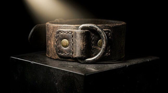 Close up of a worn leather dog collar with metal ring on a dark surface
