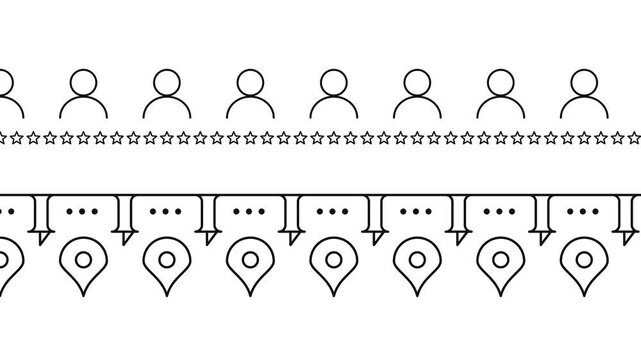 Minimalist line animation of user profiles, star ratings, and location map pins location marker