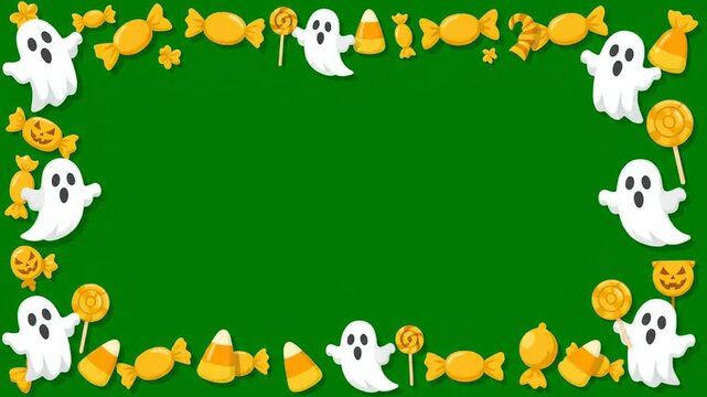 Halloween border frame with ghosts and candy on green screen background for video editing and party invitation layout designs for social media content creation projects