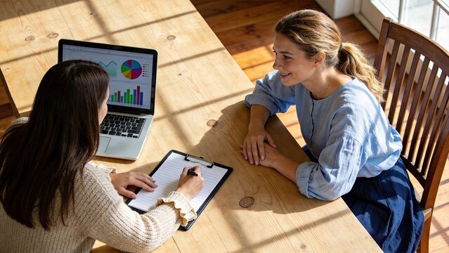 Female consultant interviewing client at wooden table, taking notes on clipboard while looking at laptop screen with colorful pie charts and bar graphs, bright natural sunlight.