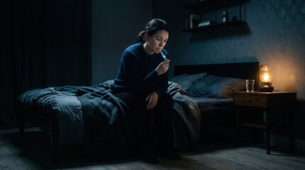 Fototapeta premium Woman Alone At Night Using Inhaler In Dimly Lit Bedroom Setting