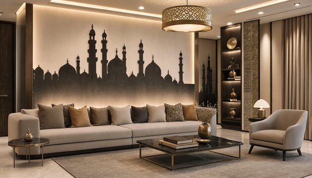 Modern living room with mosque silhouette on wall and beige sofa set