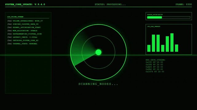 System Core Update Radar Scanning Nodes Animation Green Screen.