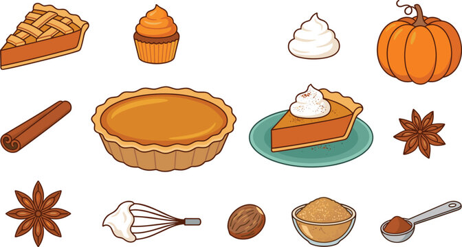 Pumpkin pie vector element set with autumn baking desserts sweet cupcake slice on plate spices whipped cream and kitchen whisk isolated on white background