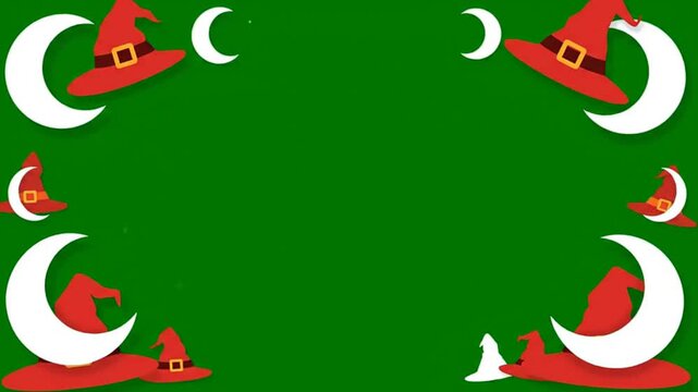 Halloween border frame with witch hats and crescent moons on a green screen background for creative festive video production overlay and seasonal graphic design template