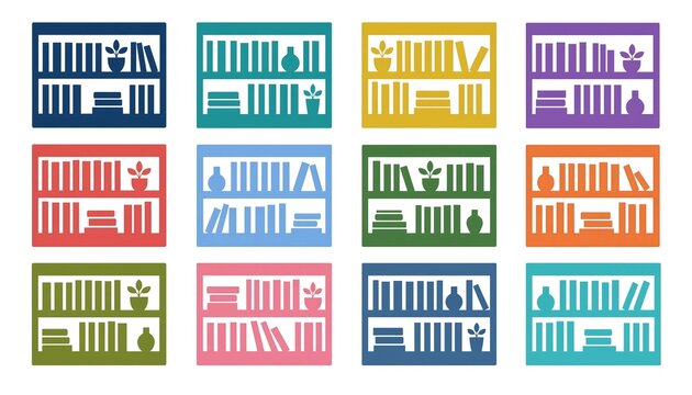 Colorful bookcase icons with books and plants on shelves library symbols