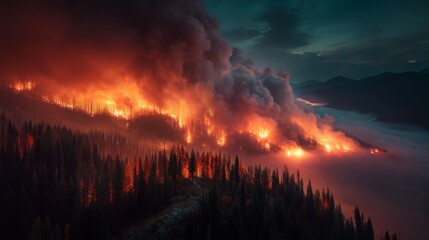 Fototapeta premium Dramatic Wildfire Erupts in Mountainous Region with Dark Smoke Plumes Rising Above Lush Green Forests in the Early Dawn Light