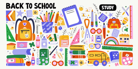 Fototapeta premium School Supplies Vector Illustration With Colorful Educational Elements