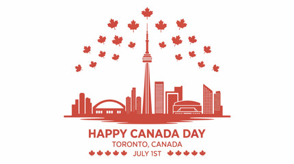 Obraz premium Happy Canada Day celebration in Toronto, Canada, featuring the city skyline with the iconic CN Tower and maple leaves, commemorating July 1st.