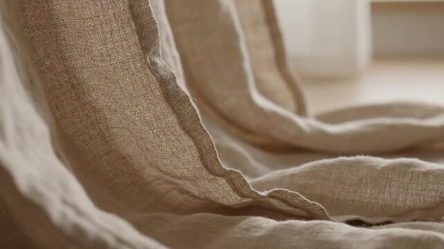 Close up of natural beige linen fabric curtains