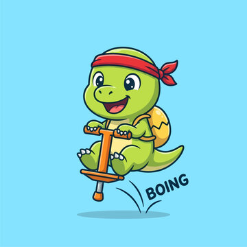 Cute Dinosaur Cartoon Character Jumping on a Pogo Stick Vector