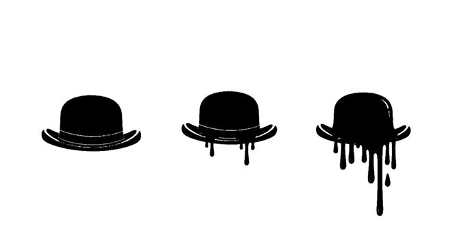 Minimal black silhouette icon, simple flat vector, bold black shape, no, no shading set of three black bowler hats with different levels of dripping paint effect on a, flat icon style