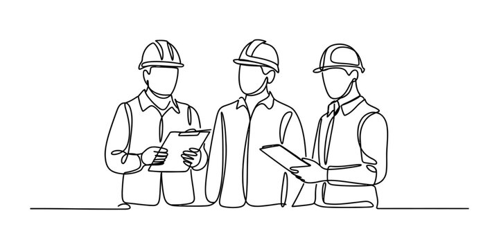 Continuous line drawing of three construction workers wearing hard hats and looking at blueprints together as a team on a professional building site