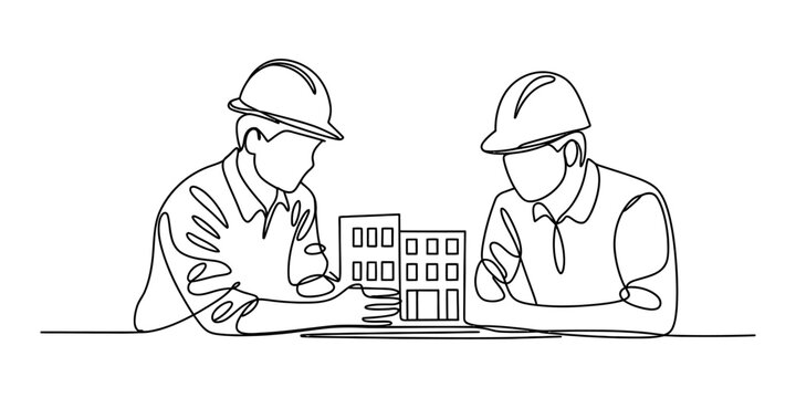 Continuous single line drawing of two construction engineers or architects wearing safety hard hats looking at a small model of a building project together