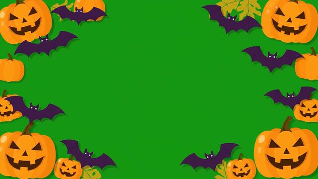 Halloween border frame theme with pumpkins and bats on green screen background for digital compositing and video editing projects with space for custom creative content