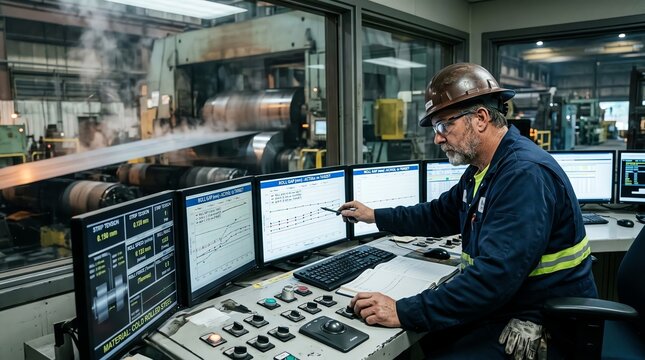 Control Room Operator Monitoring Multiple Computer Screens in Modern Facility.