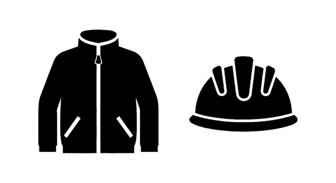 Minimal black silhouette icon, simple flat vector, bold black shape, no, no shading jacket and hard hat icons on a, flat icon style
