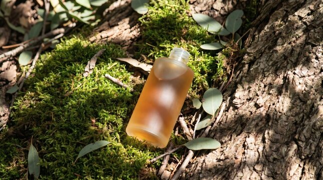 Frosted bottle with amber liquid on green moss outdoors